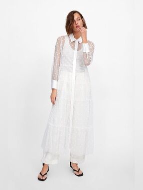 Zara Sheer White Polka Dot Button-Down Maxi Dress xs